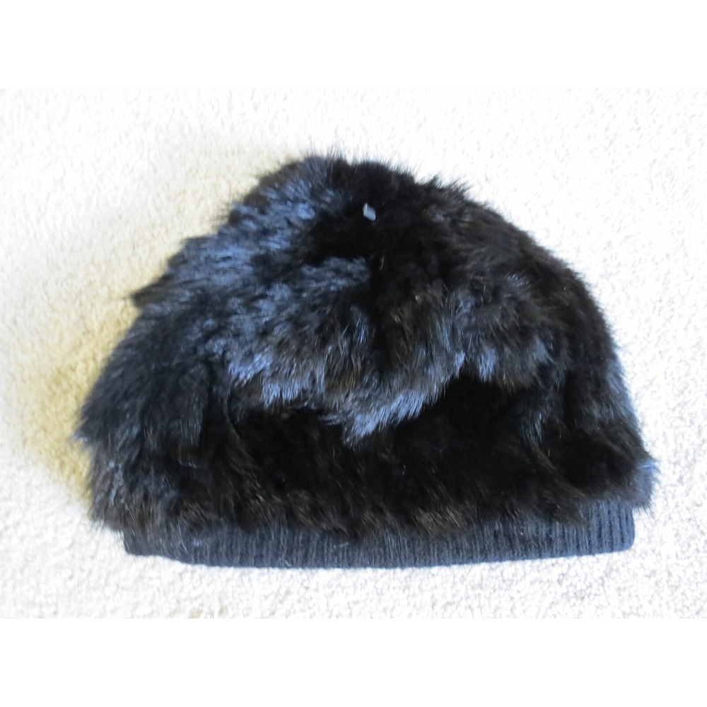 Cassin New York Genuine Black Fur Hat Ribbed Knit Trim Made in USA Size M